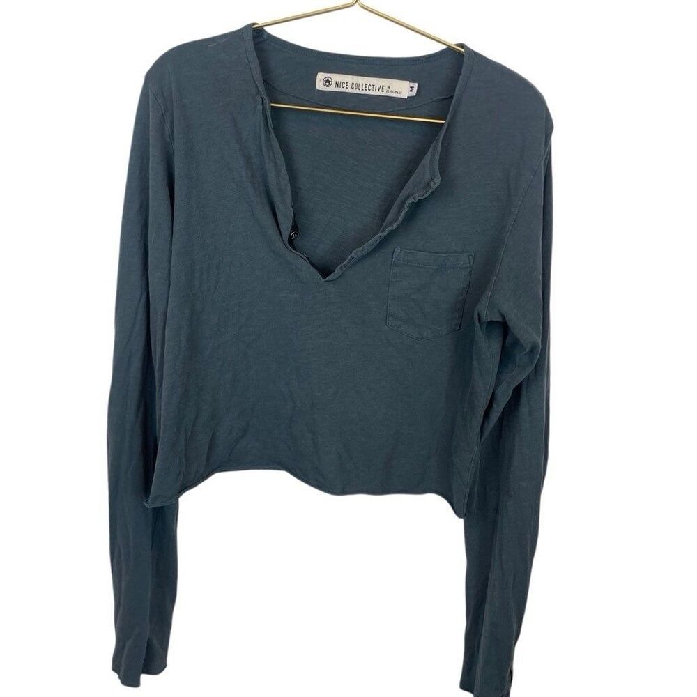 Nice Collective Long Sleeve Gray Blue Henley Size M Small Hole
